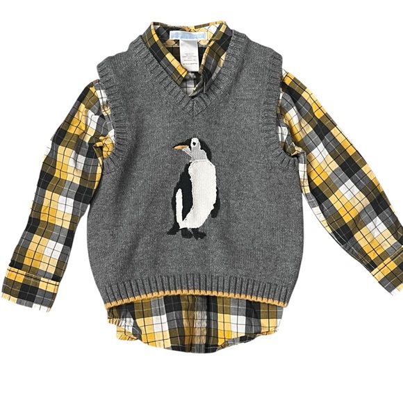 Janie and Jack Other - Janie and Jack Plaid Shirt w/Sweater Vest Boys 18-24M Penguin Yellow Grey